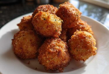 A close-up of several golden brown Air Fryer Crispy Parmesan Broccoli Tots piled on a white plate.