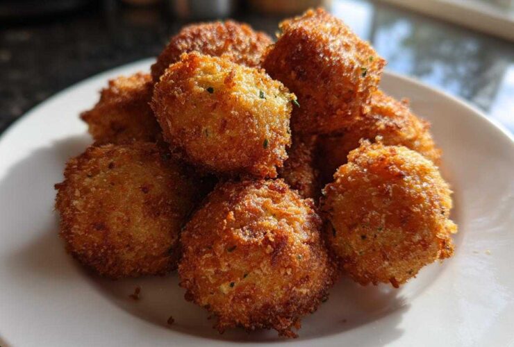 A close-up of several golden brown Air Fryer Crispy Parmesan Broccoli Tots piled on a white plate.