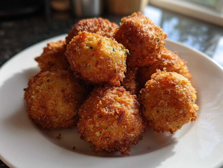A close-up of several golden brown Air Fryer Crispy Parmesan Broccoli Tots piled on a white plate.