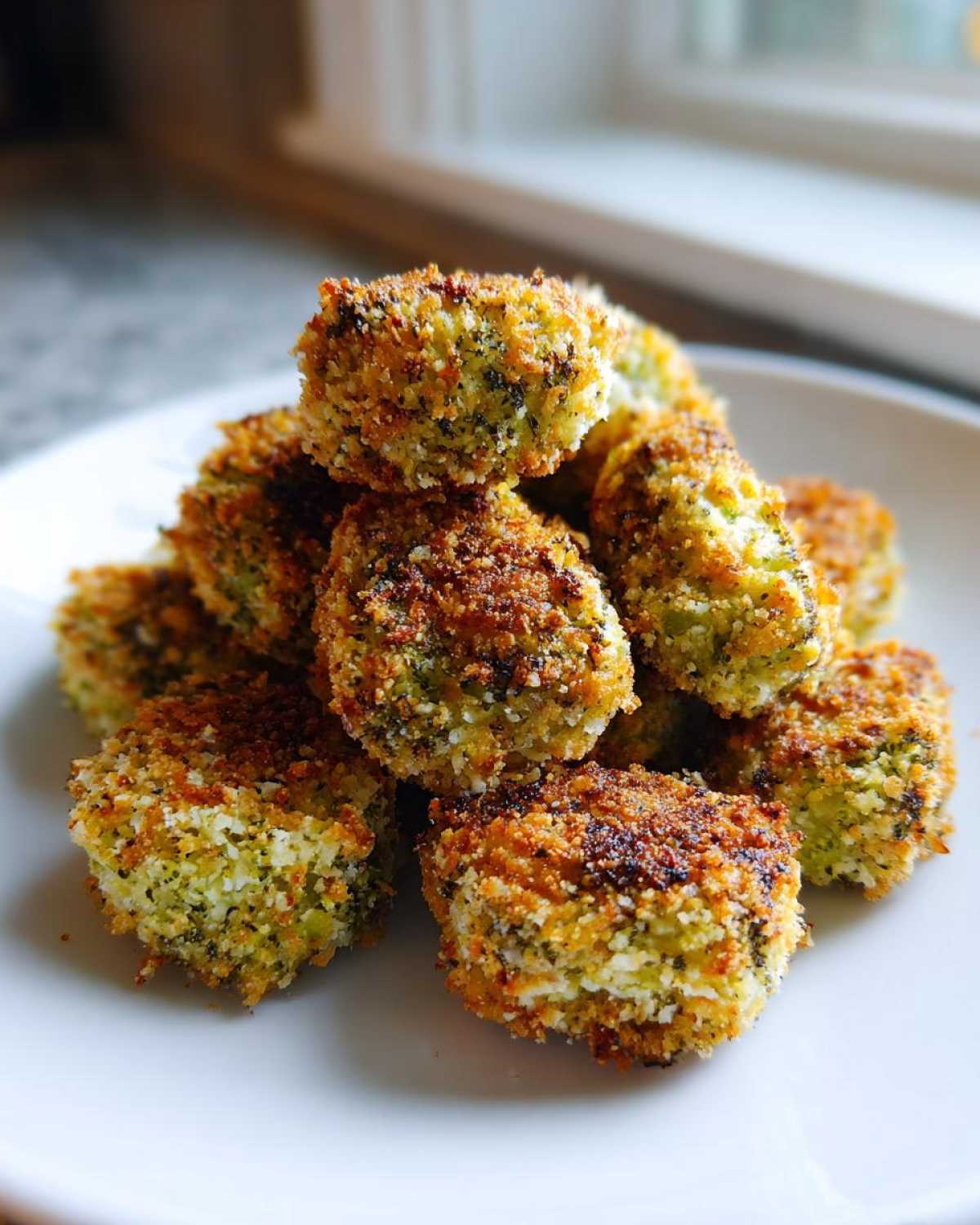 A stack of golden brown Air Fryer Crispy Parmesan Broccoli Tots piled high on a white plate.