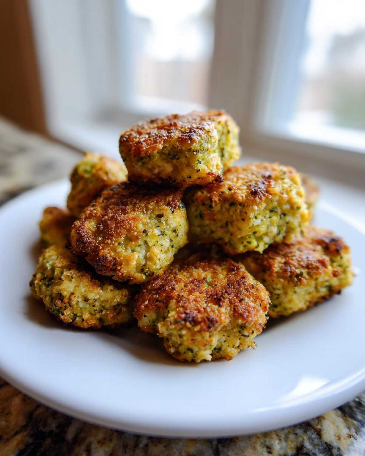 A stack of golden brown Air Fryer Crispy Parmesan Broccoli Tots piled on a white plate near a window.
