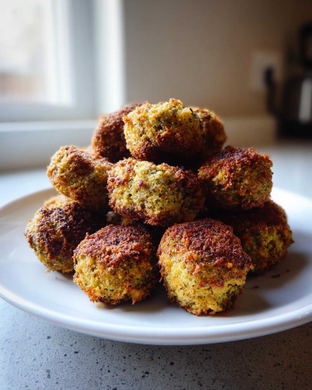 A stack of golden brown Air Fryer Crispy Parmesan Broccoli Tots piled high on a white plate.