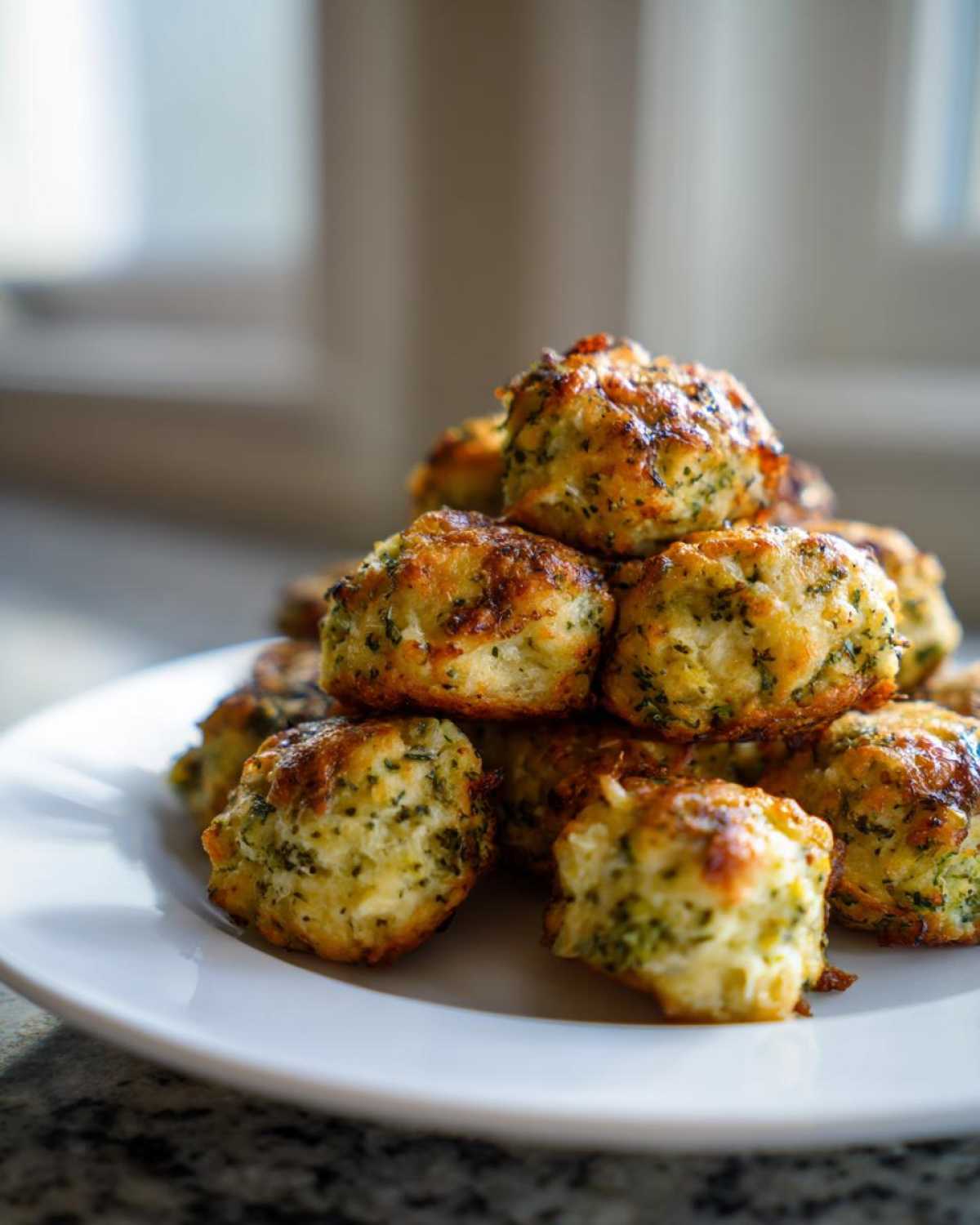 A close-up stack of golden brown Air Fryer Crispy Parmesan Broccoli Tots piled high on a white plate.