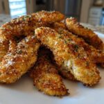A pile of golden brown, crispy Air Fryer Crispy Parmesan Chicken Tenders sprinkled with herbs on a white plate.