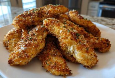 A pile of golden brown, crispy Air Fryer Crispy Parmesan Chicken Tenders sprinkled with herbs on a white plate.