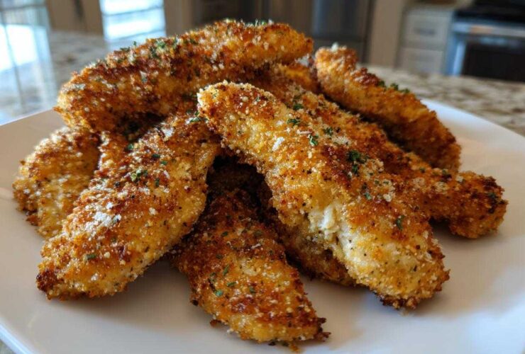A pile of golden brown, crispy Air Fryer Crispy Parmesan Chicken Tenders sprinkled with herbs on a white plate.