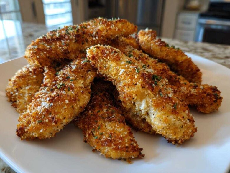A pile of golden brown, crispy Air Fryer Crispy Parmesan Chicken Tenders sprinkled with herbs on a white plate.