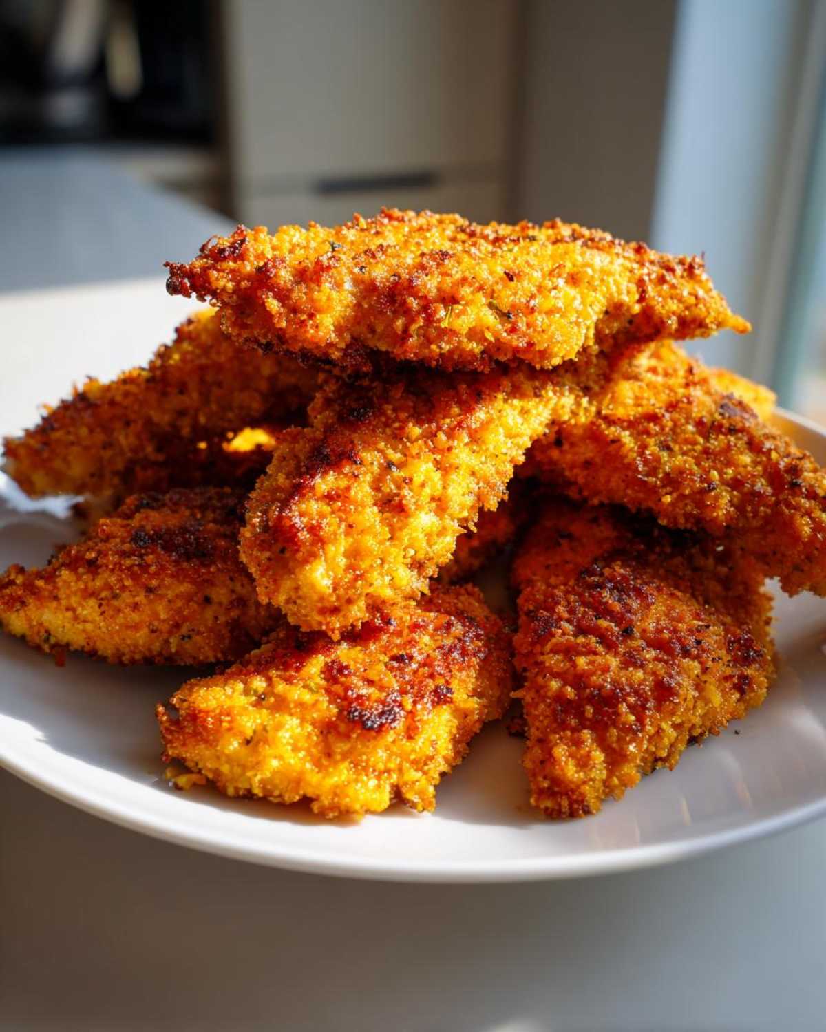 A close-up stack of golden brown Air Fryer Crispy Parmesan Chicken Tenders piled high on a white plate.