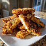 A pile of golden brown Air Fryer Crispy Parmesan Chicken Tenders stacked on a white plate, one is cut open showing white meat.