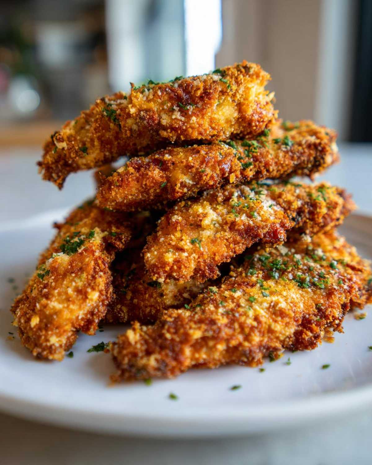 A tall stack of golden brown Air Fryer Crispy Parmesan Chicken Tenders sprinkled with herbs on a white plate.