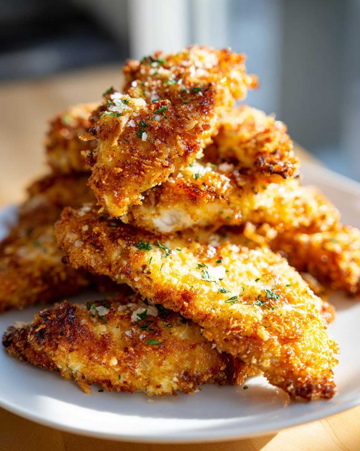 A close-up stack of golden brown Air Fryer Crispy Parmesan Chicken Tenders garnished with grated cheese and parsley.