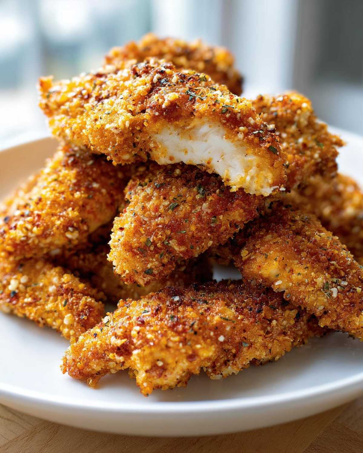 A close-up of golden brown Air Fryer Crispy Parmesan Chicken Tenders stacked high, showing the crunchy coating and white interior.
