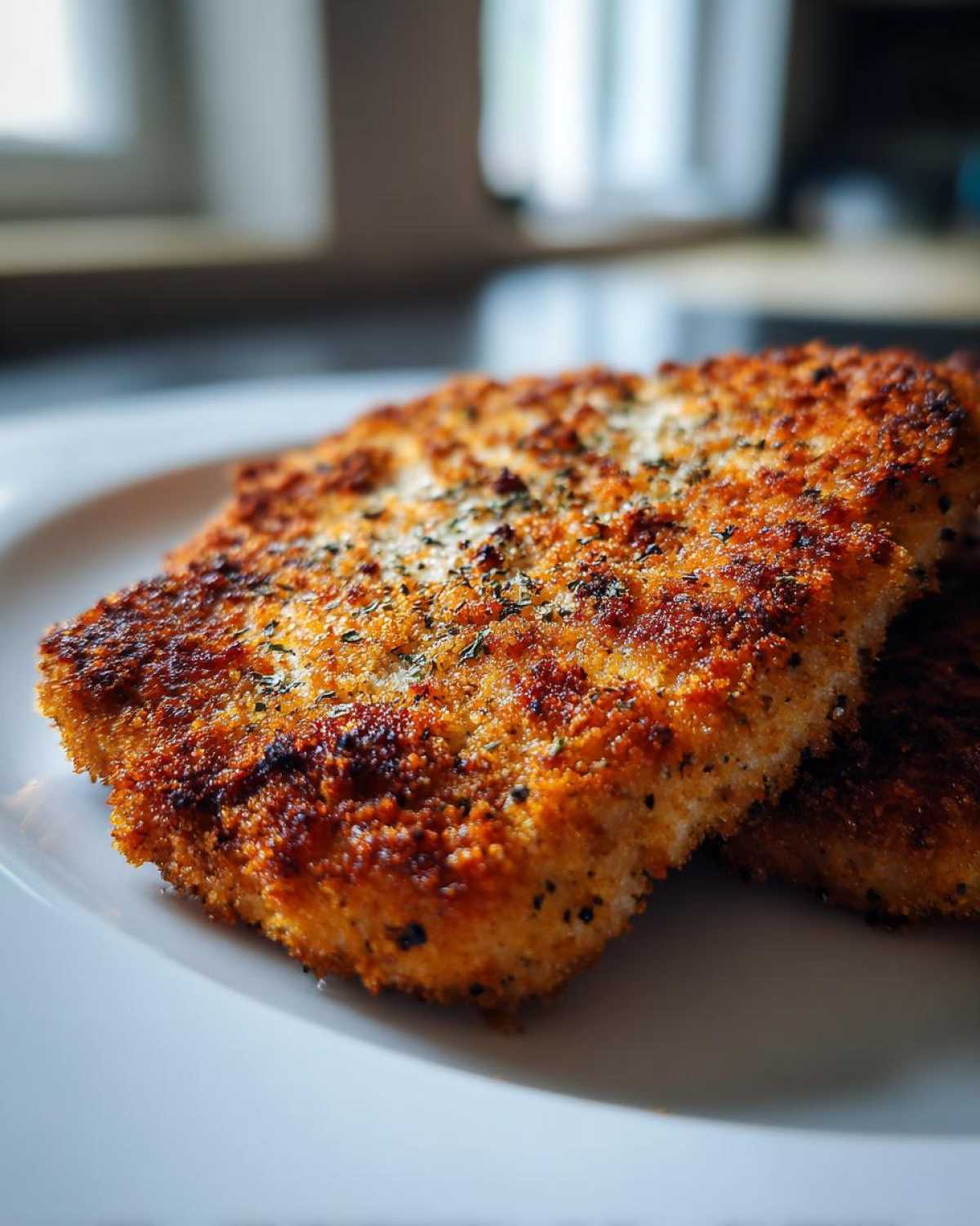 Close-up of a perfectly golden brown Air Fryer Crispy Parmesan Pork Schnitzel seasoned with herbs.