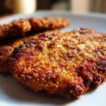 Close-up of golden brown, crispy Air Fryer Crispy Parmesan Pork Schnitzel on a white plate.