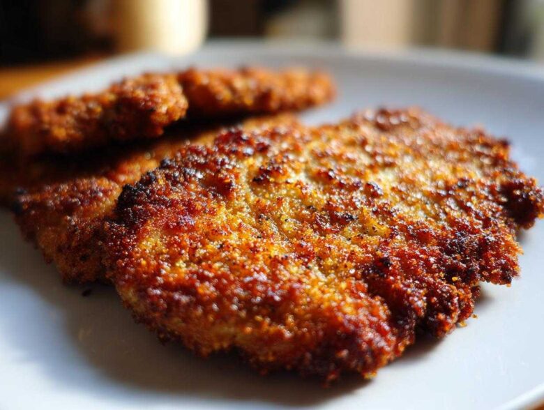 Close-up of golden brown, crispy Air Fryer Crispy Parmesan Pork Schnitzel on a white plate.