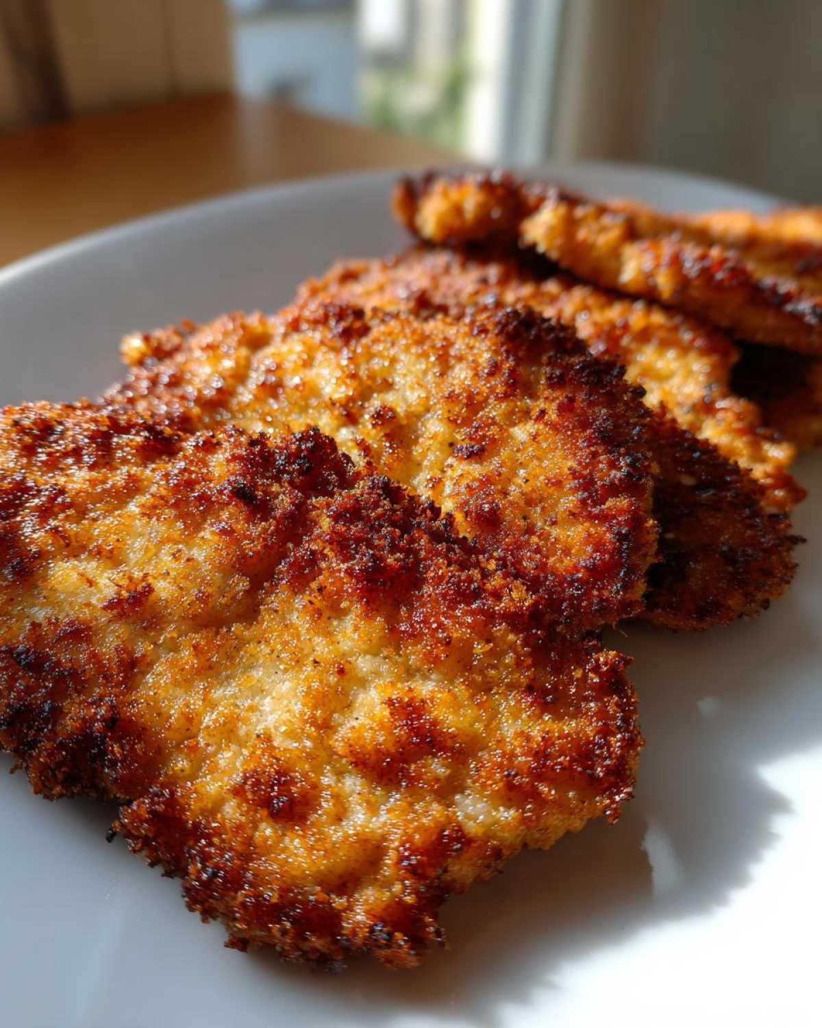 Close-up of golden brown, crispy Air Fryer Crispy Parmesan Pork Schnitzel pieces stacked on a white plate.
