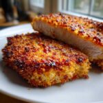 Close-up of two pieces of Air Fryer Crispy Parmesan Pork Schnitzel, showing the golden-brown, crunchy coating and the white interior of the cut piece.