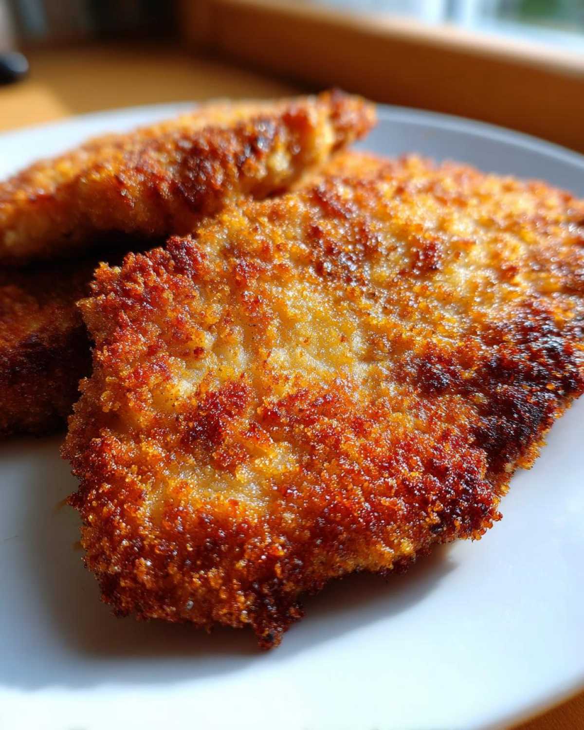 Close-up of golden brown, crispy Air Fryer Crispy Parmesan Pork Schnitzel served on a white plate.