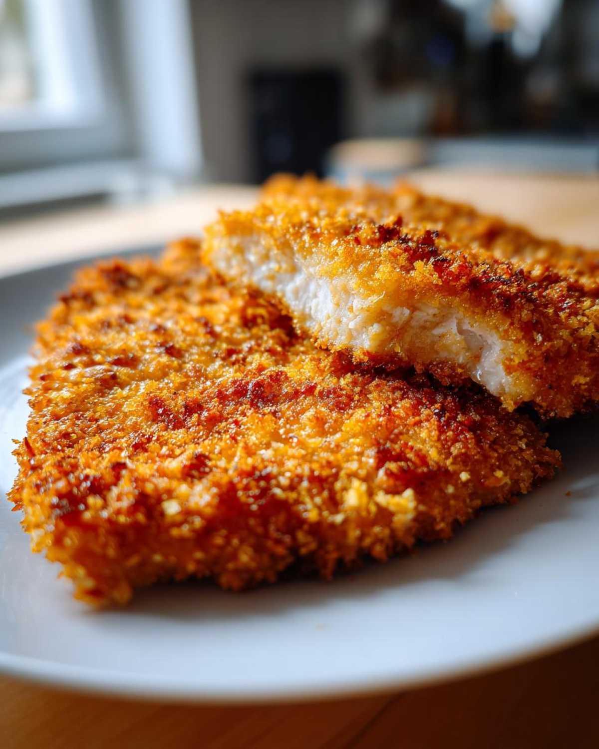 Close-up of Air Fryer Crispy Parmesan Pork Schnitzel, showing the golden-brown crust and white interior of a cut piece.