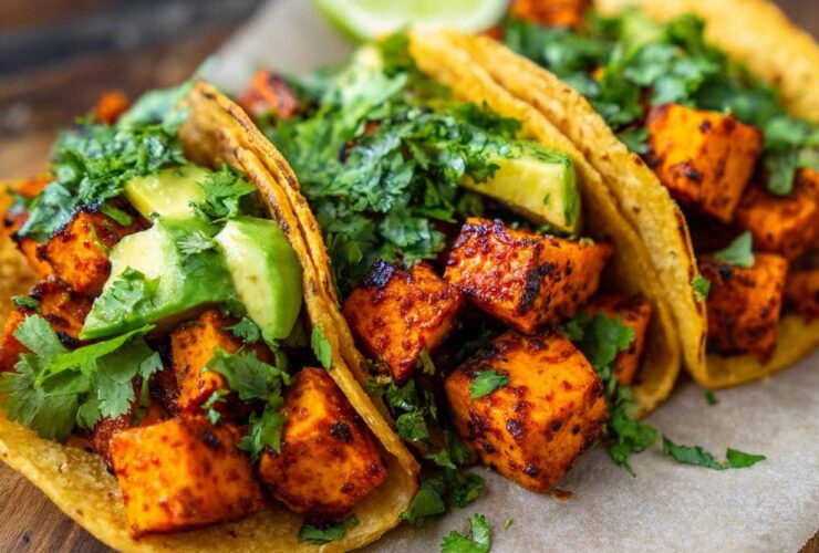 Close-up of Air Fryer Crispy Sweet Potato Tacos filled with seasoned sweet potato cubes, avocado slices, and fresh cilantro.