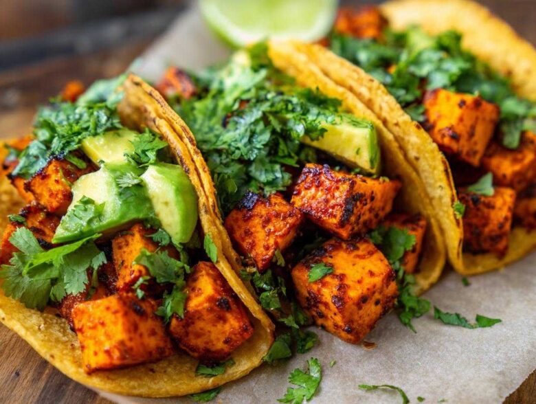 Close-up of Air Fryer Crispy Sweet Potato Tacos filled with seasoned sweet potato cubes, avocado slices, and fresh cilantro.
