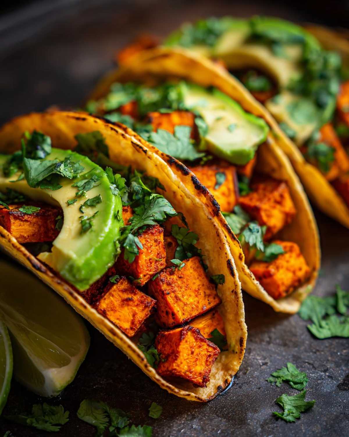 Close-up of three Air Fryer Crispy Sweet Potato Tacos filled with seasoned sweet potato cubes, avocado slices, and cilantro.