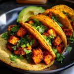 Close-up of Air Fryer Crispy Sweet Potato Tacos filled with seasoned orange sweet potato cubes and fresh cilantro.