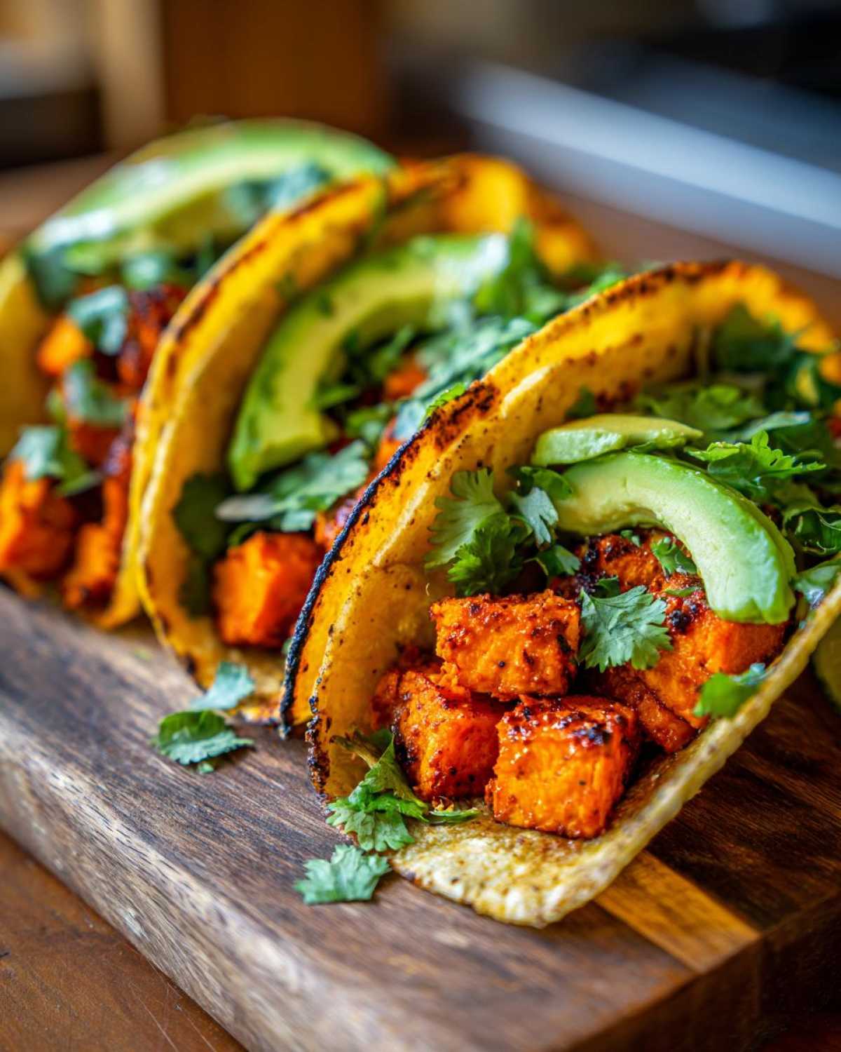 Close-up of three Air Fryer Crispy Sweet Potato Tacos filled with seasoned sweet potato cubes, avocado slices, and cilantro.