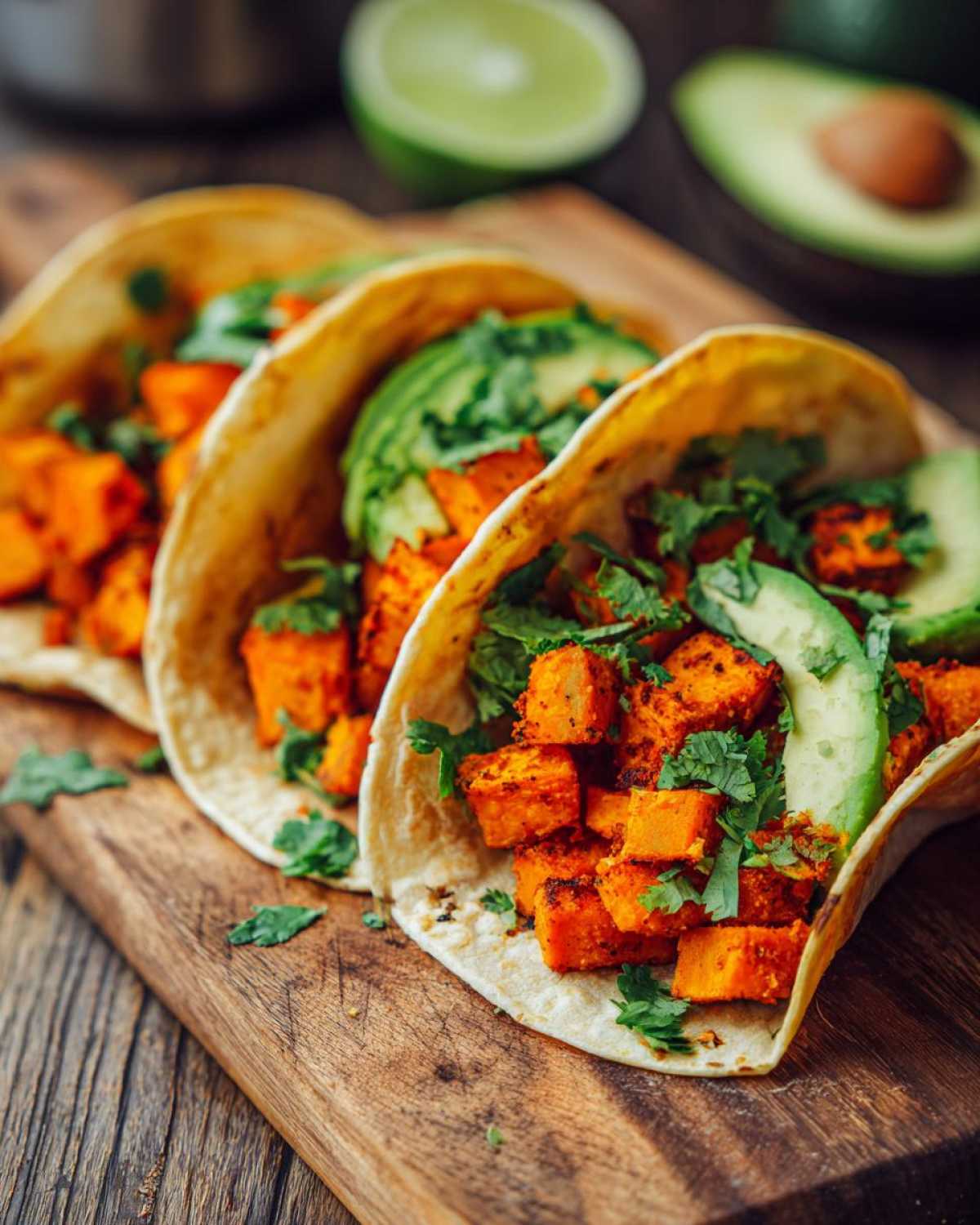 Three Air Fryer Crispy Sweet Potato Tacos filled with seasoned sweet potato cubes, avocado slices, and cilantro on a wooden board.