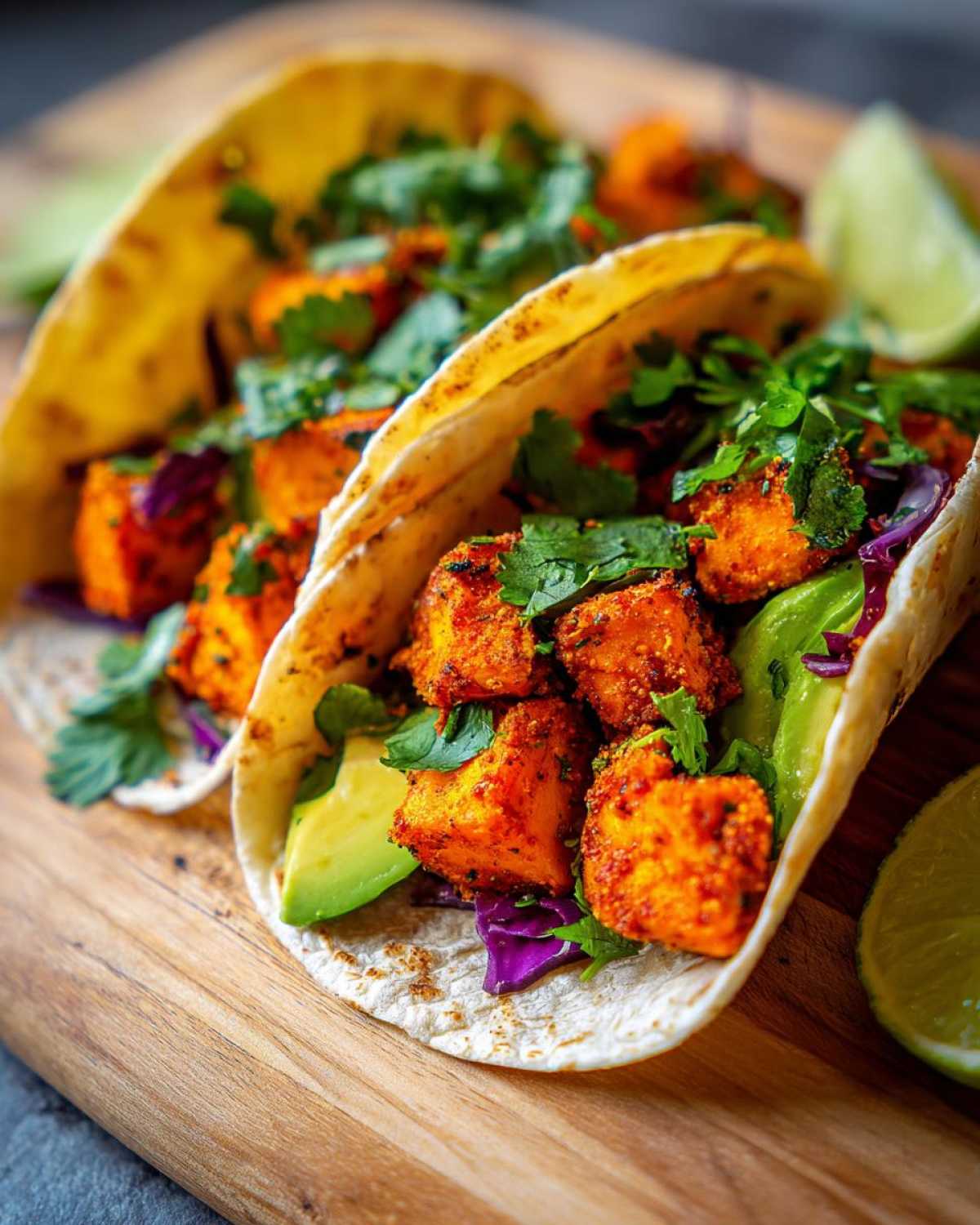 Close-up of two Air Fryer Crispy Sweet Potato Tacos filled with seasoned sweet potato chunks, avocado, and cilantro.