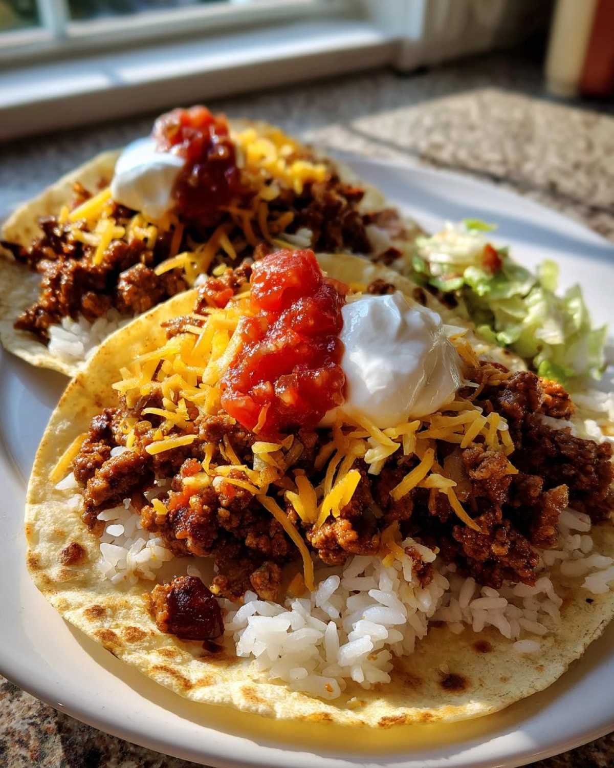 Two open-faced turkey taco bowls featuring seasoned ground turkey, white rice, shredded cheese, salsa, and sour cream, made using the Air Fryer Crispy Turkey Taco Bowls recipe.