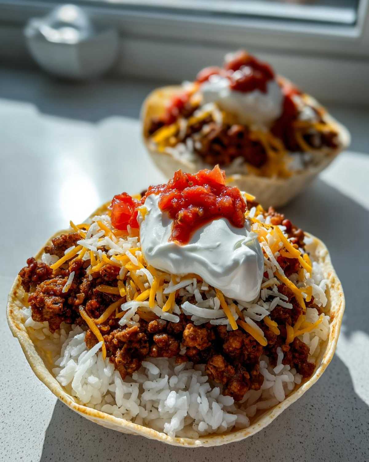 Close-up of an Air Fryer Crispy Turkey Taco Bowl filled with rice, seasoned ground turkey, cheese, sour cream, and salsa.