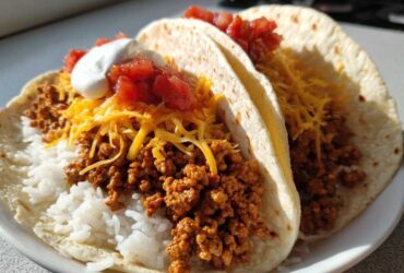 Two soft tortillas filled with seasoned ground turkey, white rice, shredded cheese, salsa, and sour cream, ready to eat as Air Fryer Crispy Turkey Taco Bowls.