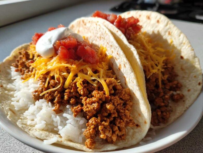 Two soft tortillas filled with seasoned ground turkey, white rice, shredded cheese, salsa, and sour cream, ready to eat as Air Fryer Crispy Turkey Taco Bowls.