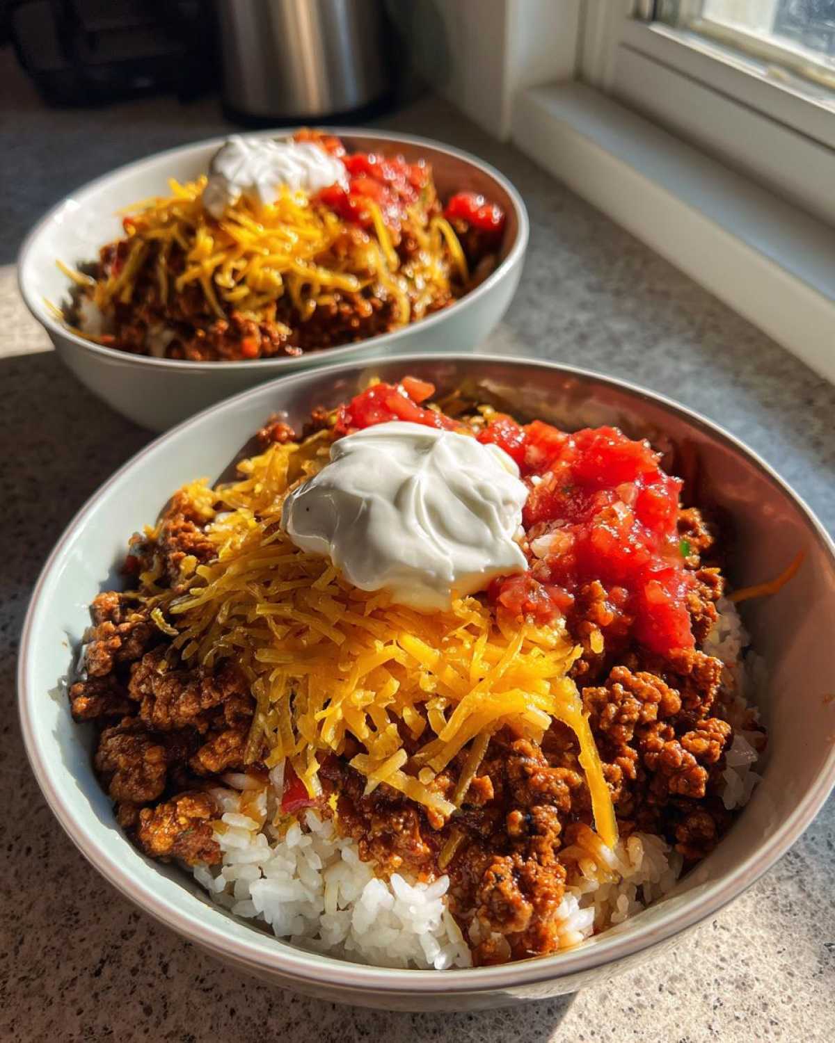 Two bowls of Air Fryer Crispy Turkey Taco Bowls topped with cheese, salsa, and sour cream.