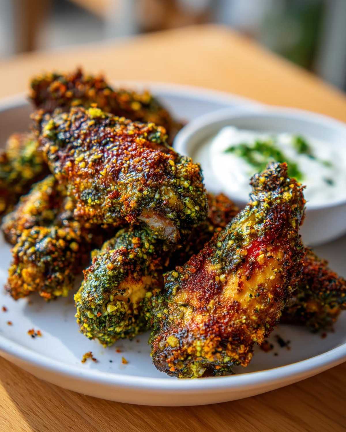 Close-up of perfectly crispy Air Fryer Crispy Zaatar Chicken Wings coated in green and orange spices, served with a white dipping sauce.