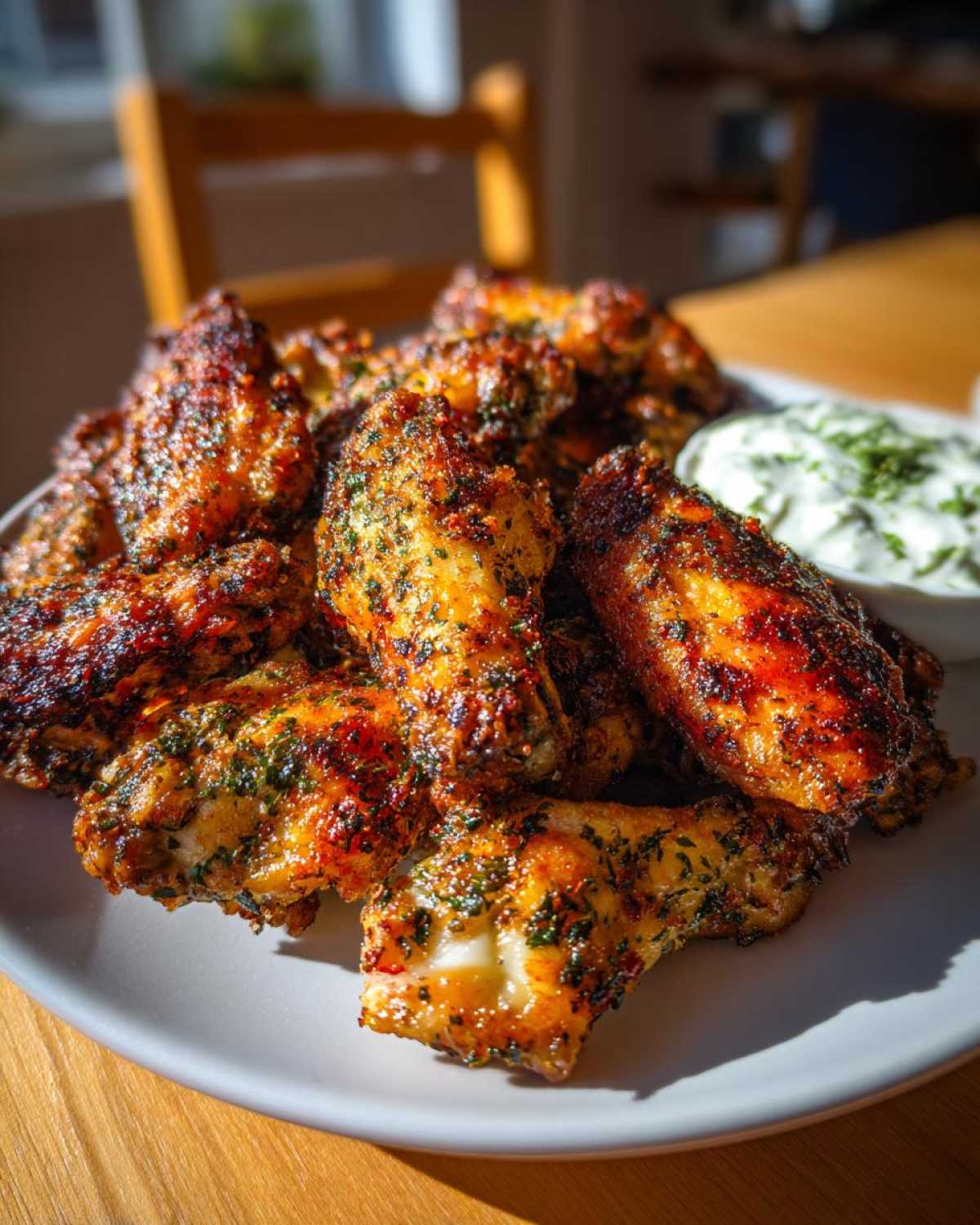 A pile of golden brown, crispy Air Fryer Crispy Zaatar Chicken Wings served on a white plate with a side of creamy dipping sauce.