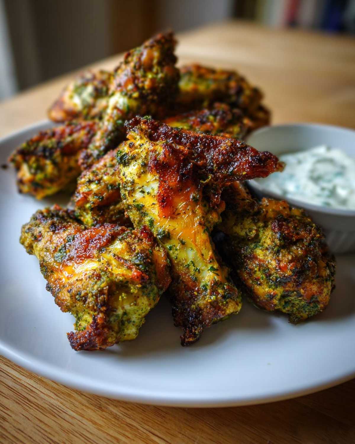 Close-up of golden brown Air Fryer Crispy Zaatar Chicken Wings piled on a white plate next to a small bowl of dipping sauce.