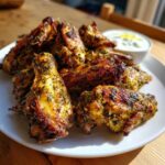 Close-up of golden brown Air Fryer Crispy Zaatar Chicken Wings seasoned with herbs, served on a white plate with a dipping sauce.