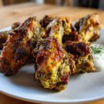 A close-up of perfectly cooked Air Fryer Crispy Zaatar Chicken Wings served with a side of white dipping sauce.