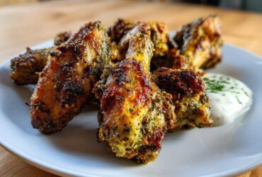 A close-up of perfectly cooked Air Fryer Crispy Zaatar Chicken Wings served with a side of white dipping sauce.