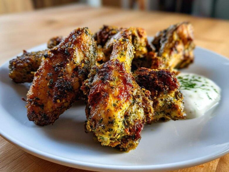 A close-up of perfectly cooked Air Fryer Crispy Zaatar Chicken Wings served with a side of white dipping sauce.