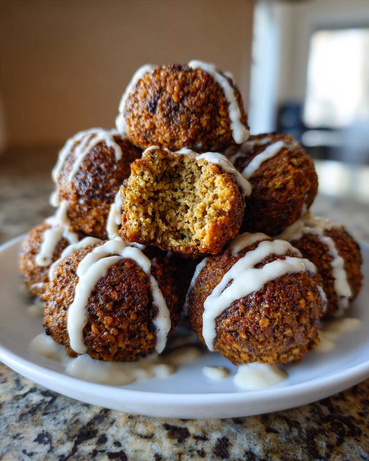A stack of golden brown Air Fryer Herb Falafel Balls drizzled generously with white tahini sauce.