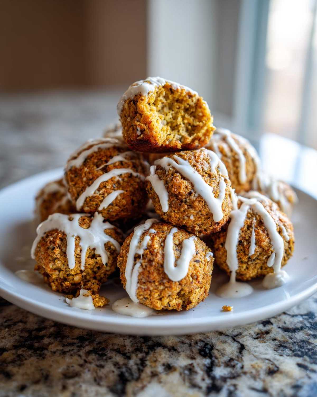 A stack of golden Air Fryer Herb Falafel Balls drizzled generously with white tahini sauce on a white plate.