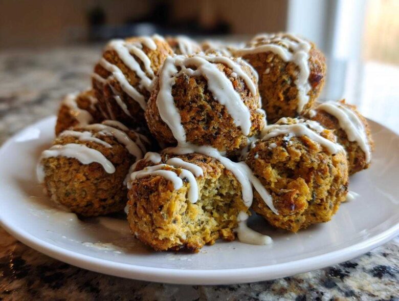 A pile of golden Air Fryer Herb Falafel Balls drizzled generously with white tahini sauce on a white plate.