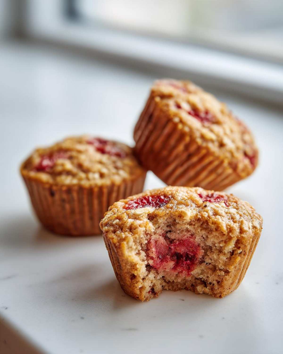 A close-up of a Gluten-Free Strawberry Oat Muffin with a bite taken out, revealing the moist interior and strawberry filling.