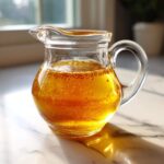 A small glass pitcher filled with golden, bubbly Copycat Apple Cider Vinaigrette sitting on a white marble counter.
