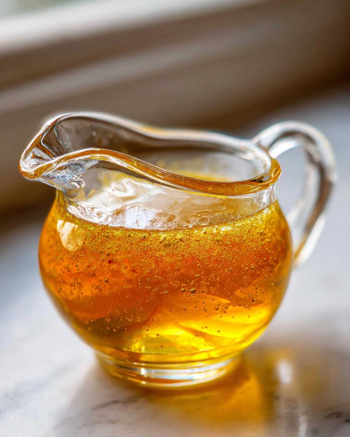 Close-up of golden Copycat Apple Cider Vinaigrette dressing in a small glass creamer pitcher.