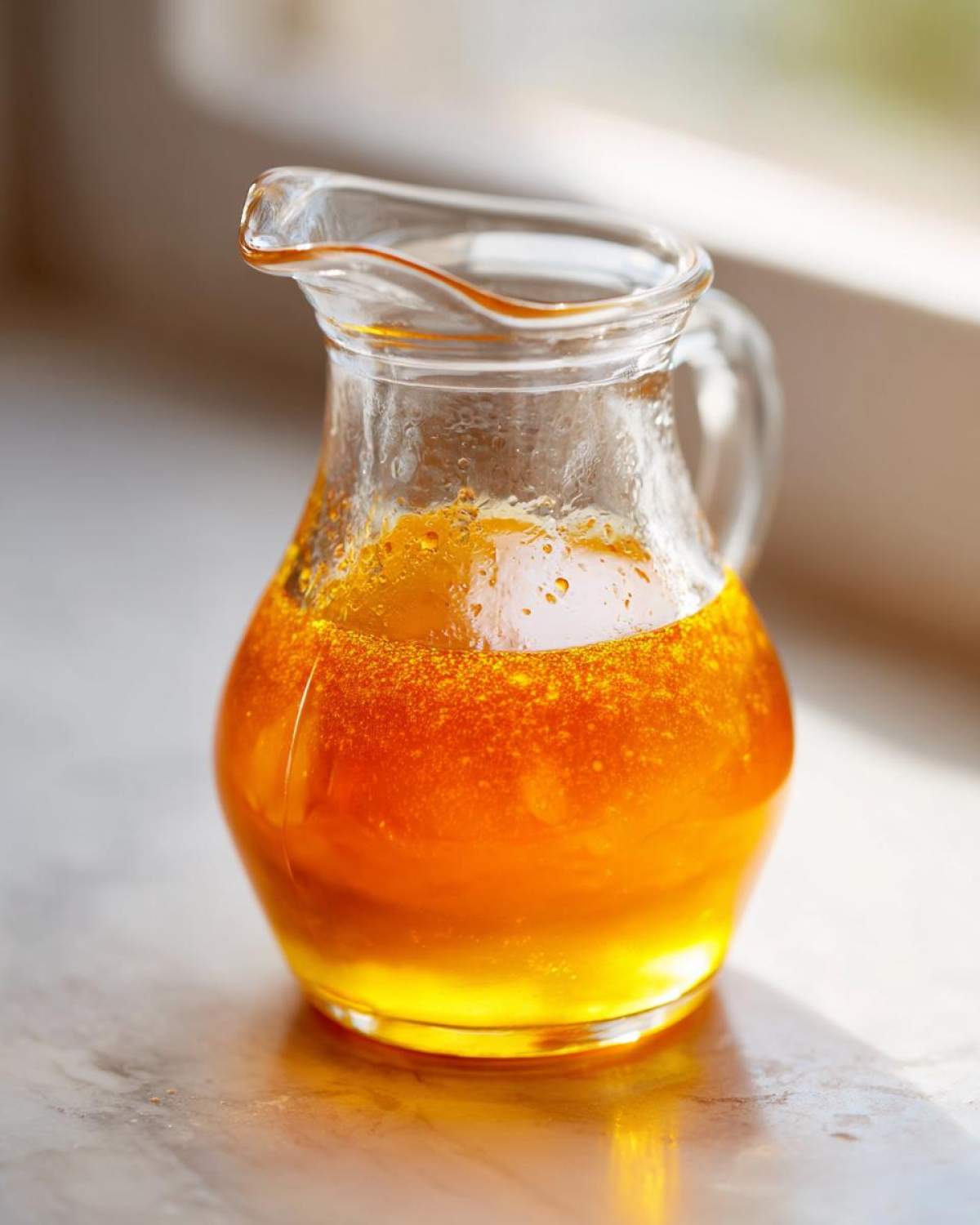 A small glass pitcher filled with bright orange and yellow Copycat Apple Cider Vinaigrette dressing, sitting by a window.