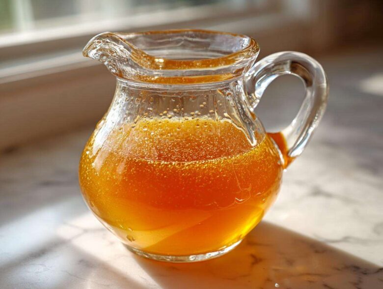 A small glass pitcher filled with bright orange Copycat Apple Cider Vinaigrette, sitting on a marble surface near a window.